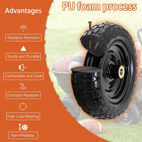 Two 10-inch solid rubber flat-free tires with 3/4-inch bearings and 2.17-inch offset hub for garden carts.