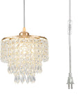 Straight Up Gold Plug In Pendant Light With 16 Foot Long Cord And Sparkling Three Tier Crystals For Kitchen Island Or Cozy Bedroom Setup Premium Slick Mini Chandelier Drip with gold finish and clear crystals.