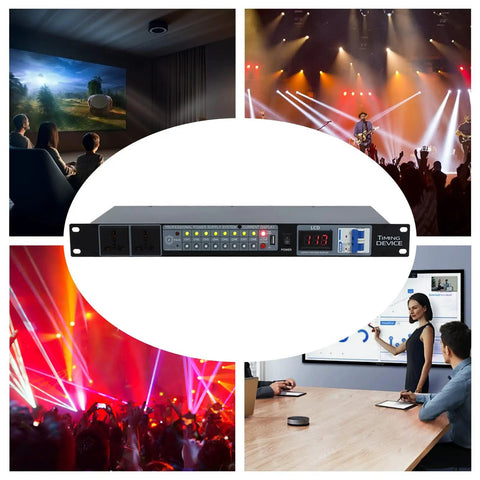 Heavy Duty Audio Power Conditioner With Ten Outlets And Usb Charging Ports Rock Solid Flame Retardant Abs Build in a studio setting.