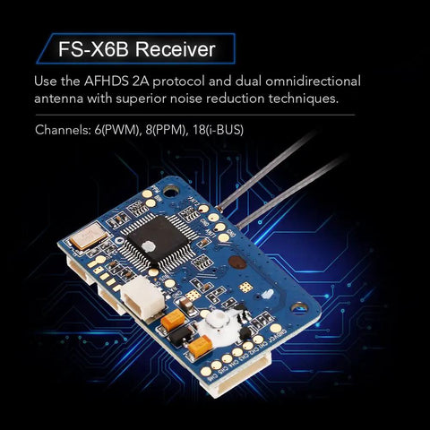 FS-X6B Receiver on circuit board with AFHDS 2A technology, part of FS-i6X 10CH 2.4GHz RC Transmitter Remote Controller With FS-X6B Receiver For Drones Planes And Helis AFHDS 2A Tech Featuring 16 Channel Hopping To Beat Interference Rock Solid Signal Long Range Control.