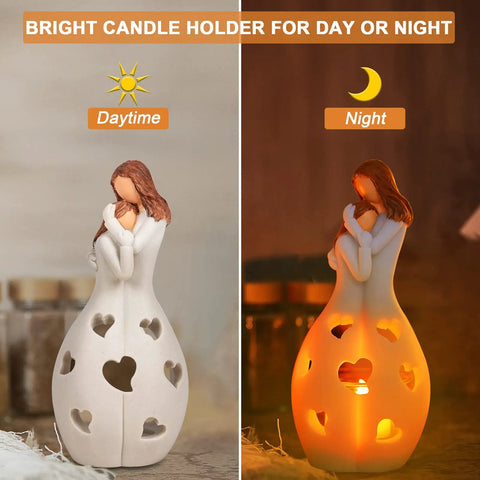 From Daughter To Mom Candle Holder With Flickering LED Flameless Candle in resin, day and night view with heart cutouts.