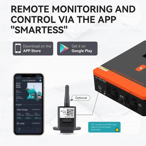 Remote app control for High Power 4200W 24V DC To 230V AC Off-Grid Hybrid Inverter with All-In-One Solar Charger.