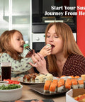 Family enjoying sushi made with All In One Sushi Making Kit For Beginners With Sushi Roller Bazooka And Bamboo Rolling Mat