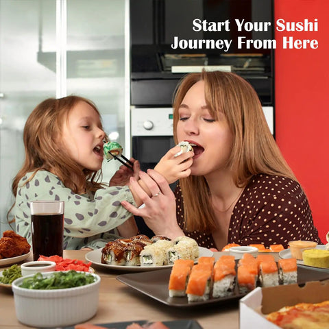 Family enjoying sushi made with All In One Sushi Making Kit For Beginners With Sushi Roller Bazooka And Bamboo Rolling Mat