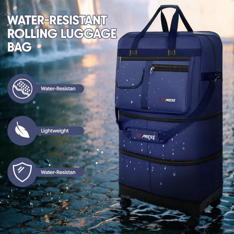 36 Inch Rolling Duffel Bag With Wheels, Expandable Three Layer Design, Hardshell Base For Extra Protection, Navy, standing on wet pavement