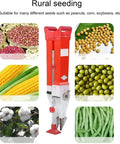 Handheld Seed Planter Transplanter Tool for Gardens, showcasing corn, peanuts and soybeans with spreader