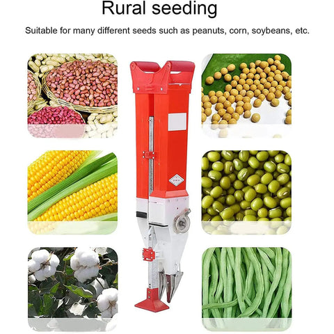 Adjustable Handheld Seed Spreader And Planter with seeds and vegetables for home gardens, efficient seeding and fertilizing.