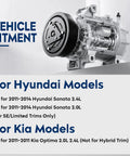 Rugged AC Air Conditioning Compressor With Clutch Fits Hyundai Sonata 2011 To 2014 And Kia Optima 2011 side view showing compatibility details.