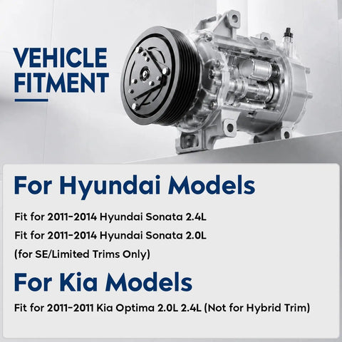 Rugged AC Air Conditioning Compressor With Clutch Fits Hyundai Sonata 2011 To 2014 And Kia Optima 2011 side view showing compatibility details.
