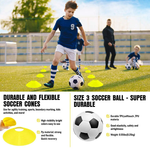 Boy playing with Backyard Kids Soccer Goal Set 2 Pack 4x3 Ft Portable Pop Up Net With Soccer Ball And Cones Complete Training Equipment For Youth And Toddlers Easy Setup For Outdoor Fun And Team Practice in park.