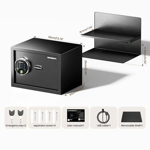20 Lb Smart Biometric Safe With Fingerprint Lock For Quick No Fuss Access And Real Security, includes dimensions and accessories