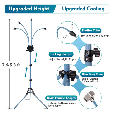 Adjustable Height Standing Misting System For Outdoor Patio Cooling Ranging 2.6 To 5.3 Feet Portable Water Mister with features.