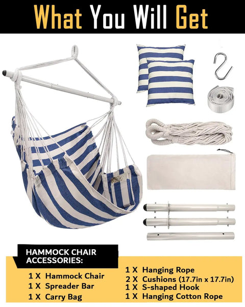 Large Indoor Outdoor Hammock Chair Swing With Anti Slip Steel Spread Bar Heavy Duty Carbon Steel Frame Holds Up To 500 Lbs Includes Two Cushions Ideal For Bedroom Patio Porch Balcony Backyard Relaxation with accessories