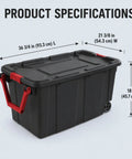 Two Pack 160 Quart Black Stackable Rolling Storage Bins with Heavy Duty Red Latches and Smooth Glide Wheels for Garage Organization and Moving Loads Like a Champ without Breaking a Sweat dimensions shown on black bin.