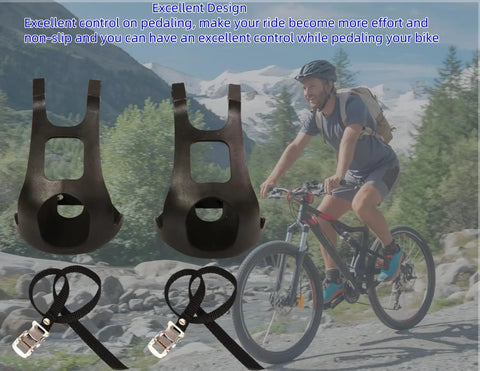 Toe Clips With Straps For Universal Bike Pedals Plastic Pedal Foot Covers For MTB And Road Bikes Replacement Clip Belts For A Tight Grip And Smooth Control Today shown with mountain biker in background