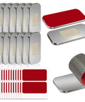 Ultra Thin Magnetic Cabinet Door Catch Kit 12 Pack With Adhesive Mounting, showing stainless steel latches and red adhesive strips.