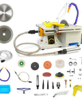 All In One Lapidary Saw Machine For Jewelry Making With 750W Power, Mini Table Rock Saw with accessories, parts displayed.