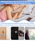 Child and elderly person safely protected by door knob lockout device with padlock and keys, preventing unwanted access.
