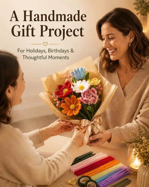 Two women exchanging a bouquet made from the DIY Pipe Cleaner Flower Kit For Adults With Step By Step Video Tutorials 600 Piece Chenille Stem Craft Set For Beginners Create Handmade Forever Bouquets With 30 Thick Stems Stamens Tapes And Glue Sticks