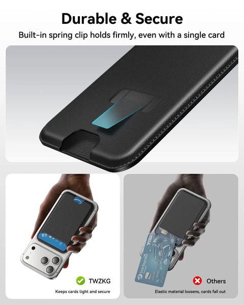 MagSafe Wallet For iPhone 12 13 14 15 16 17 Pro Max And Plus Air Series showing spring clip and phone attachment.
