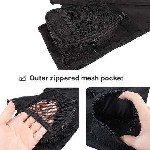 Three Tube Hip Quiver Waist Pack For Archery With Adjustable Belt Arrow Carrier With Pockets Black Oxford Fabric, showing mesh pocket.
