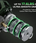 Close-up view of baitcasting reel with triple-disc carbon fiber drag washers on Six Foot Eight Inch Medium Heavy Baitcasting Rod And Reel Combo