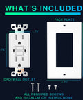 Self Test GFCI Outlet 15 Amp With LED Indicator Weather Resistant And Tamper Proof Receptacle UL Listed 10 Pack Includes Wall Plate And Screws Kid Safe Kitchen Bathroom Outdoors, showing included parts like screws and wall plate.
