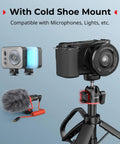 Versatile Extendable Mini Camera Tripod Selfie Stick with carabiner grip and mantis hook, cold shoe mount holding a camera