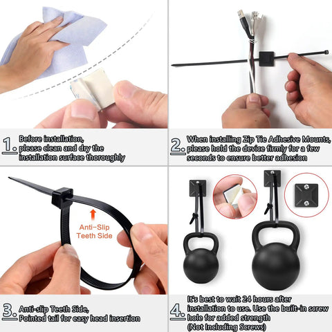 Guide showing installation steps for Must Have 300 Piece Zip Tie Set With Assorted Sizes From 4 To 12 Inches Self Locking Nylon Cable Ties