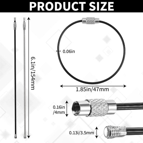 Twenty Pcs Stainless Steel Wire Keychain Cables With 1.5mm Core And 6 Inch Large Key Rings For Luggage Tags Key Tags Keyrings ID Keepers And Kitchen Utensils Black And Silver Durable All Purpose Everyday Carry Ready product dimensions