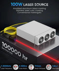 100W MOPA Fiber Laser Marking Machine With Rotary Axis Delivers Dead Accurate Metal Color Marking On Steel Aluminum And Gold Featuring No Sweat Autofocus Setup And Red Dot Guide For Lightburn Users, showcasing laser source box and setup.