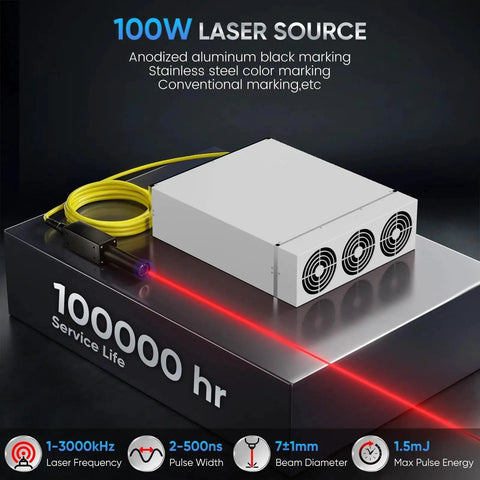 100W MOPA Fiber Laser Marking Machine With Rotary Axis Delivers Dead Accurate Metal Color Marking On Steel Aluminum And Gold Featuring No Sweat Autofocus Setup And Red Dot Guide For Lightburn Users, showcasing laser source box and setup.
