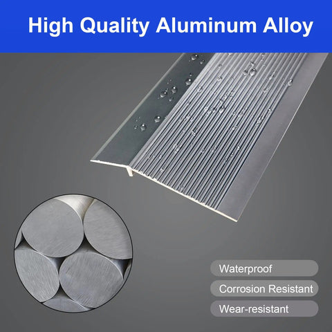 The Heavy Duty Aluminum Transition Strip 36 Inch Doorway Ramp Reducer For Wheelchair Thresholds Smooth Ride Aviation Solid Gray Aluminum Flooring Quick Install, showing high-quality aluminum alloy with textured surface.