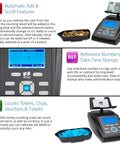 MS40 Bill And Coin Counting Scale For Fast Cash Drawer Counts And Currency Weighing Machine That Totals Value And Quantity Counts Bills Coins Rolls Bags And Bundles In Minutes; features shown on display screen.