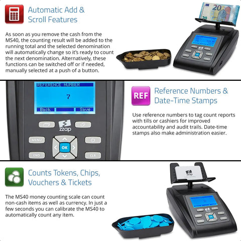 MS40 Bill And Coin Counting Scale For Fast Cash Drawer Counts And Currency Weighing Machine That Totals Value And Quantity Counts Bills Coins Rolls Bags And Bundles In Minutes; features shown on display screen.