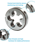 Close-up of Two Pack M15 X 1 Metric Tap And Die Set showing round die with conical lock hole and clear threaded design for metal repair.