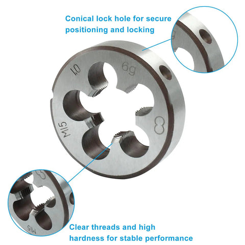 Close-up of Two Pack M15 X 1 Metric Tap And Die Set showing round die with conical lock hole and clear threaded design for metal repair.