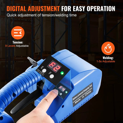 Digital control panel of Top Shelf Portable Electric Strapping Machine For Smooth PP And PET Banding Operations With Dual Rechargeable Batteries.