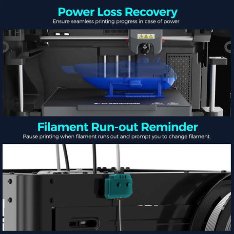 Adventurer 5M 3D Printer With Fully Auto Leveling System And CoreXY Structure, showing power loss recovery and filament run-out reminder features
