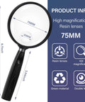 10X Handheld Reading Magnifier With 75mm Shatterproof Lens Non Slip Handle for close work and senior reading, product dimensions shown