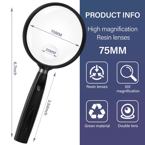 10X Handheld Reading Magnifier With 75mm Shatterproof Lens Non Slip Handle for close work and senior reading, product dimensions shown