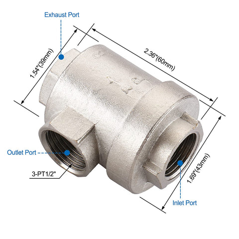 Two Way Pneumatic Quick Exhaust Valve 1/2 PT 19mm Inlet and Two Out Air Valve Brass Body with NBR Seal, ports labeled