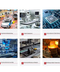 Collage of industries: automotive, medical, semiconductor, precision assembly, robotics, and metallurgy with hi-tech equipment.