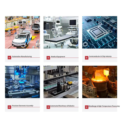 Collage of industries: automotive, medical, semiconductor, precision assembly, robotics, and metallurgy with hi-tech equipment.