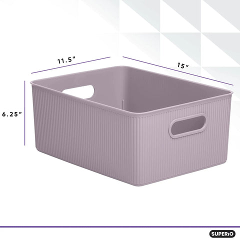 Level Up Your Nest With These Dope Ribbed Plastic Storage Bins A Set Of Eight Spacious Open Baskets Perfect For Closet Organization And Home Shelving Vibes, lilac ribbed plastic basket, 15" x 11.5" x 6.25".
