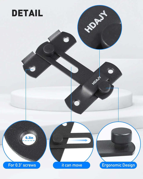 Close-up of matte black Two Pack Flip Latch Gate Latches For Barn Doors showing ergonomic design and 0.3" screw details.