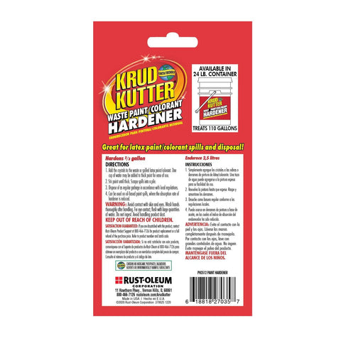 Back packaging of Krud Kutter Waste Paint Hardener, instructions visible.