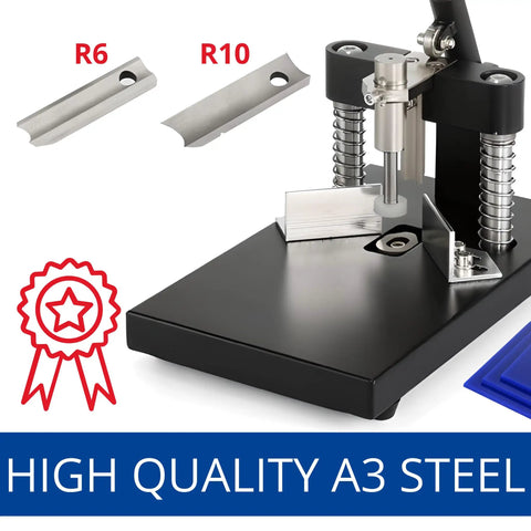 Built Tough Heavy Duty Corner Rounder Cutter Machine in black with R6mm and R10mm radius blades, shown on a metal base.