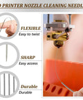 All In One 3D Printer Nozzle Cleaning Kit With Ten Cleaning Pins Two Copper Wire Brushes Two Tweezers Two L Shaped Wrenches And A Handy Storage Box For Quick Easy Nozzle Maintenance A Must Have, showcasing flexible needle use and nozzle cleaning.