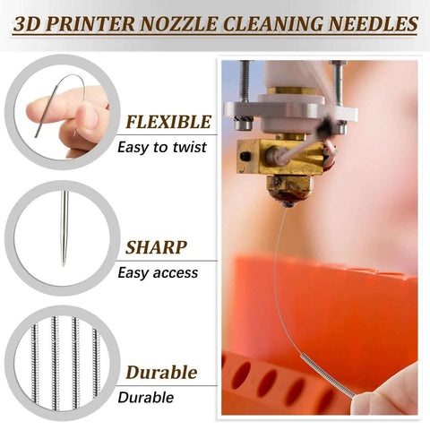 All In One 3D Printer Nozzle Cleaning Kit With Ten Cleaning Pins Two Copper Wire Brushes Two Tweezers Two L Shaped Wrenches And A Handy Storage Box For Quick Easy Nozzle Maintenance A Must Have, showcasing flexible needle use and nozzle cleaning.